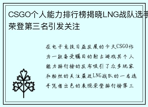 CSGO个人能力排行榜揭晓LNG战队选手荣登第三名引发关注